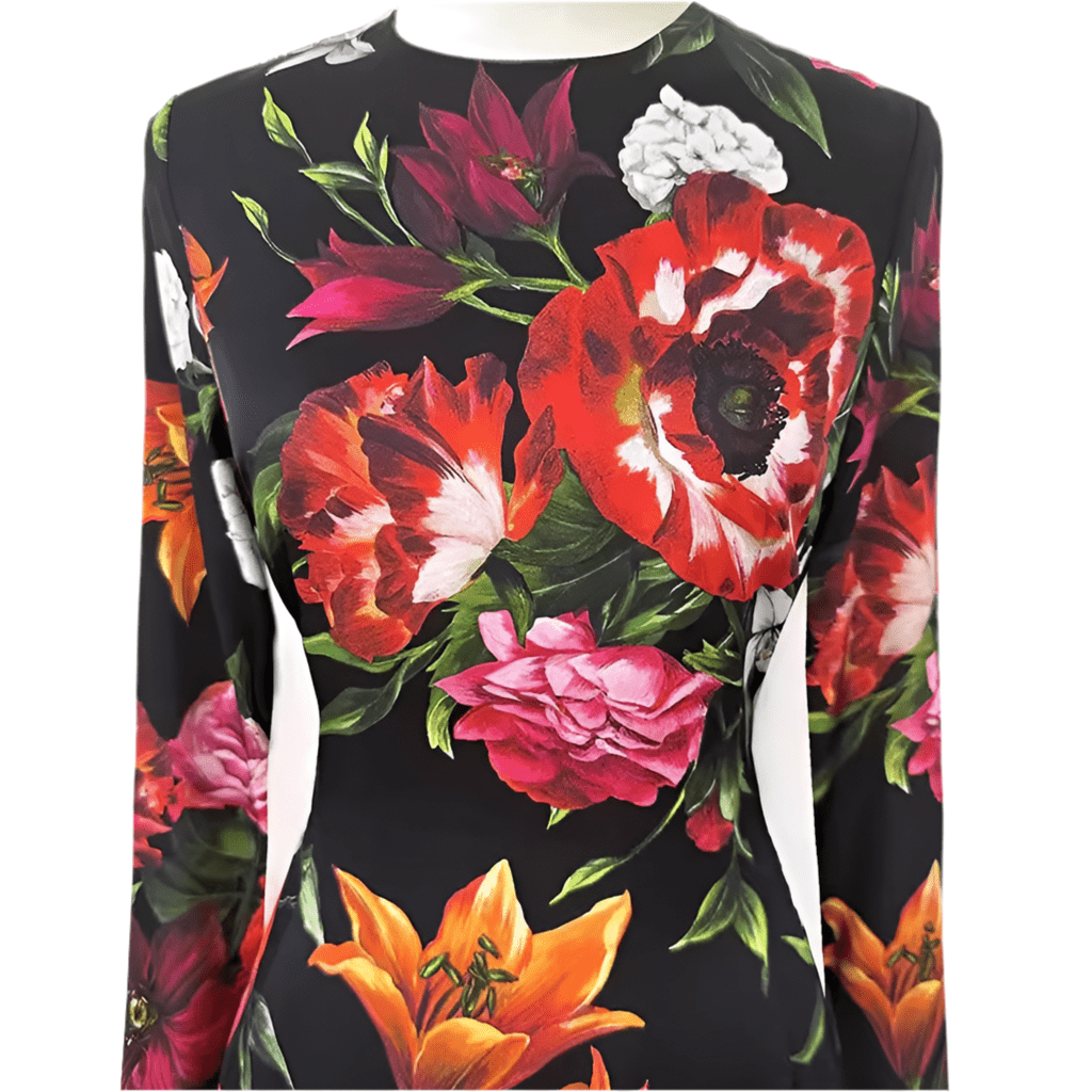 Italian Red Lilies print 100% silk long sleeve dress - Dress By Vicky