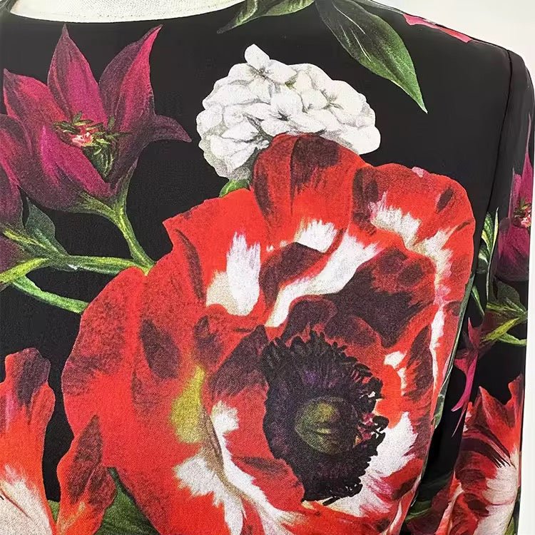 Italian Red Lilies print 100% silk long sleeve dress - Dress By Vicky