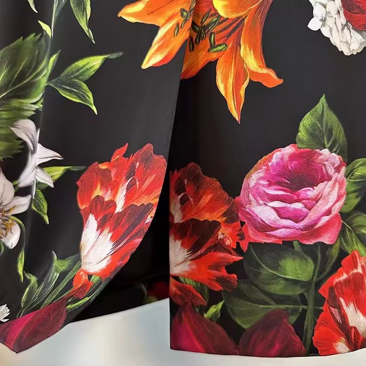 Italian Red Lilies print 100% silk long sleeve dress - Dress By Vicky