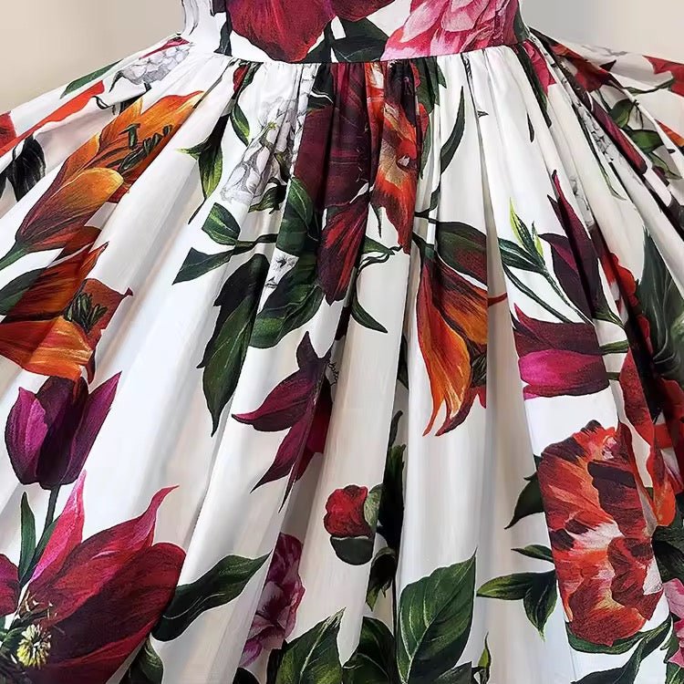 Italian Red Lilies print push up 100% cotton dress - Dress By Vicky