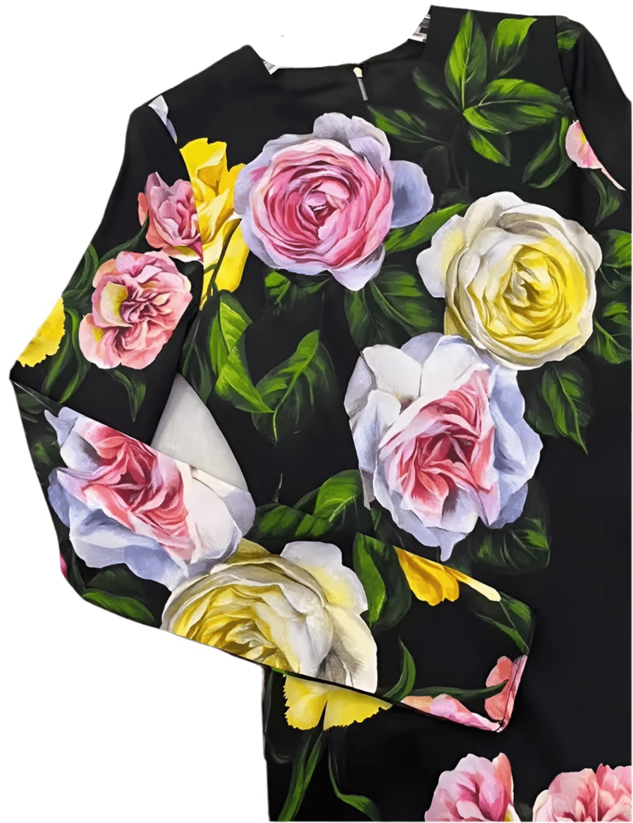 Long Sleeve 100% Silk Midi Dress in Multicolor Rose Print - Dress By Vicky