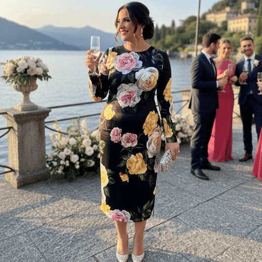 Long Sleeve 100% Silk Midi Dress in Multicolor Rose Print - Dress By Vicky