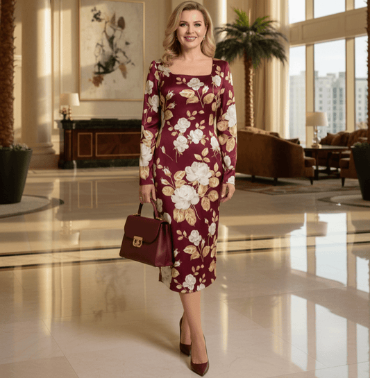 Long Sleeve Burgundy Silk Midi Dress in Beige Rose Print with Leopard Silk Lining - Dress By Vicky