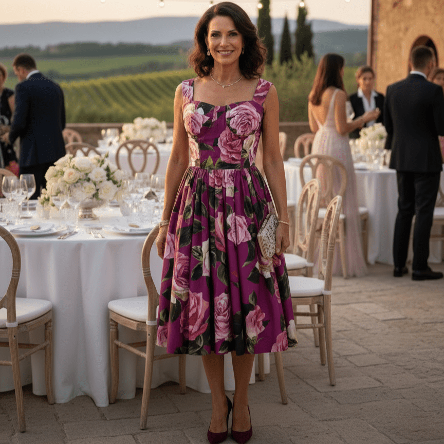 Luxury Fuchsia Roses print push up 100% cotton midi dress - Dress By Vicky