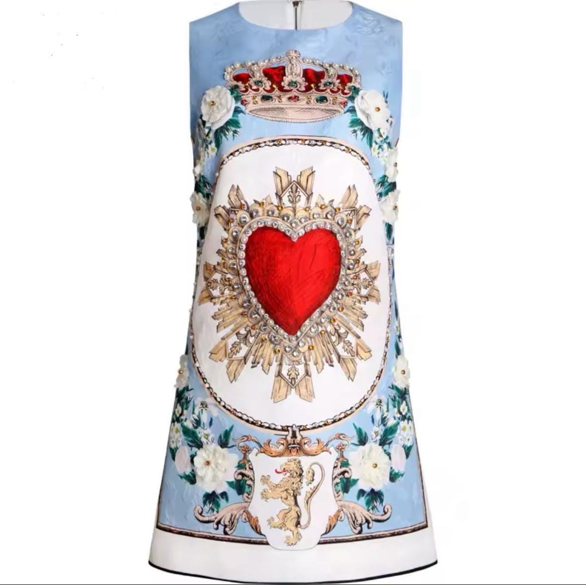 Luxury Italian designer Brocade Heart & Crown print sleeveless mini gemstone embellished dress - Dress By Vicky