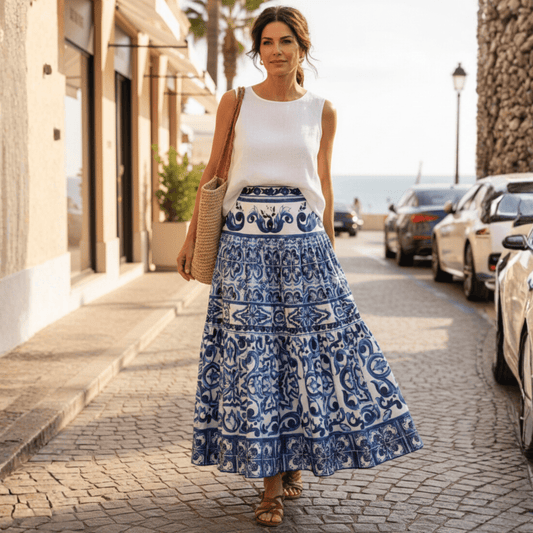 Luxury Italian designer Majolica Blue Tiles print 100% cotton skirt - Dress By Vicky