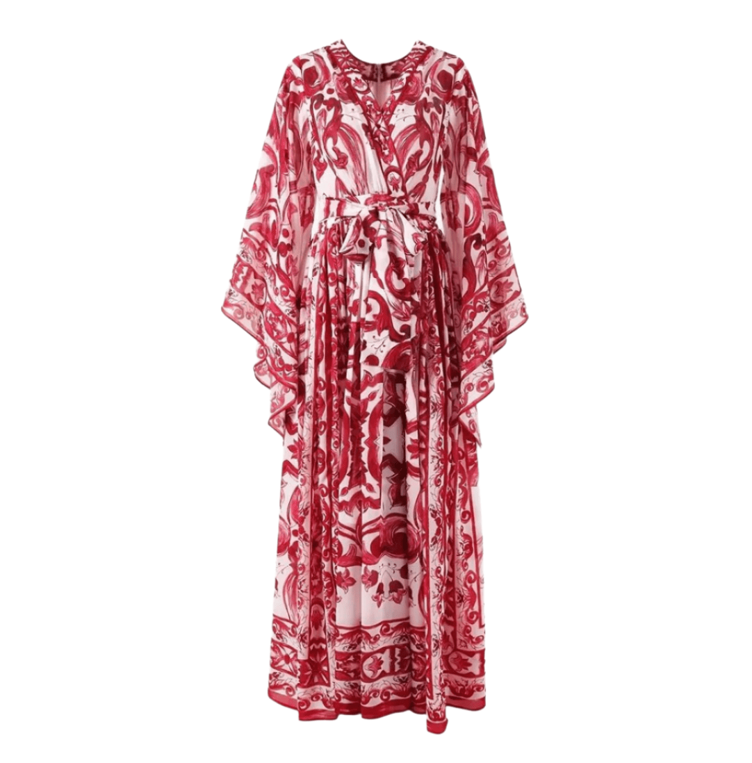 Luxury Italian Designer Red Majolica print Flared sleeves chiffon maxi dress - Dress By Vicky