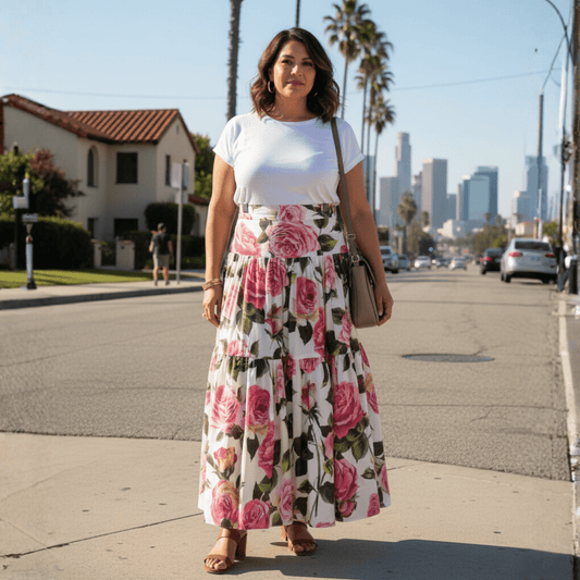 Luxury Pink Roses on White print 100% cotton maxi skirt - Dress By Vicky
