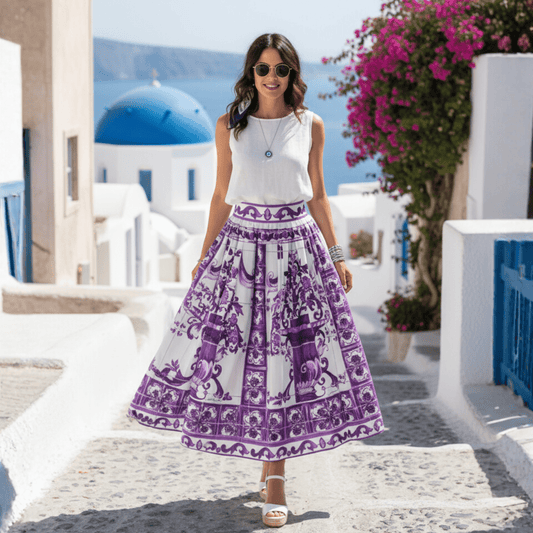 Luxury Purple Majolica 100% cotton midi full skirt - Dress By Vicky