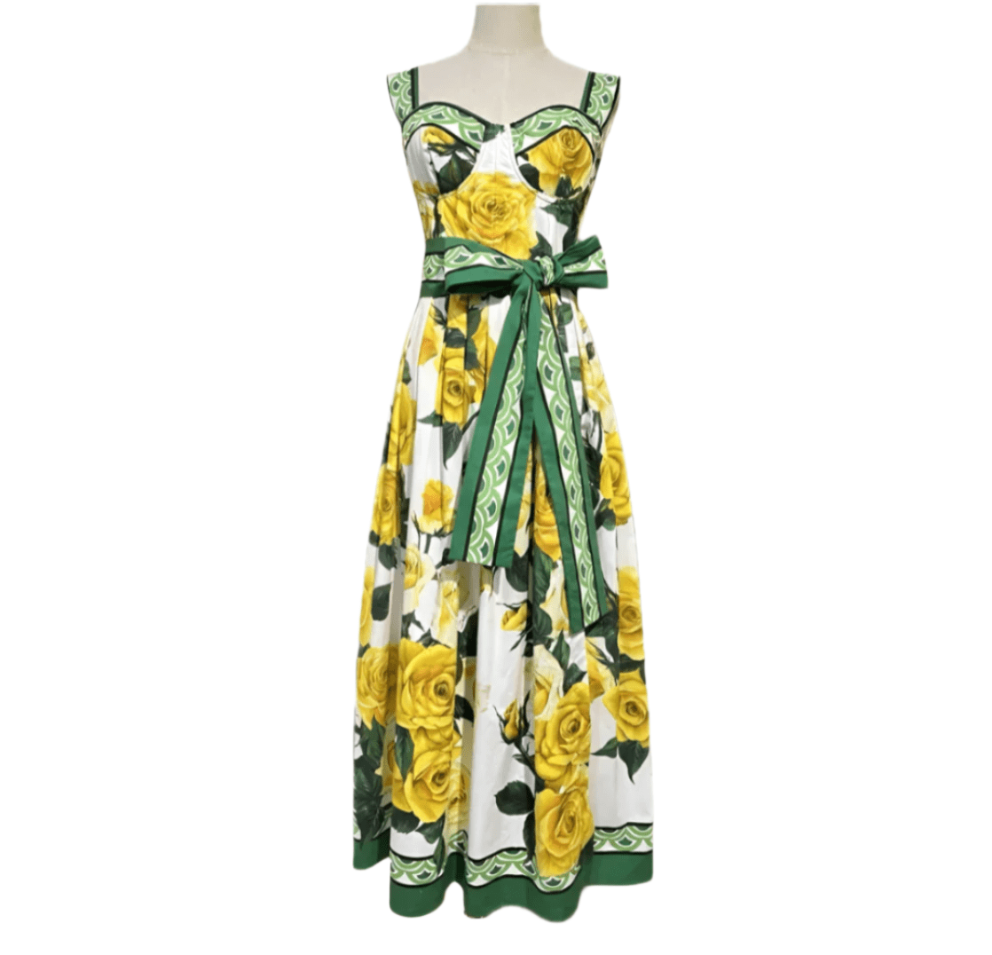 Luxury Yellow Roses with Border print 100% cotton push up dress - Dress By Vicky