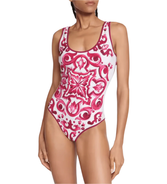 Majolica print one piece swimsuit (blue, red or yellow) - Dress By Vicky