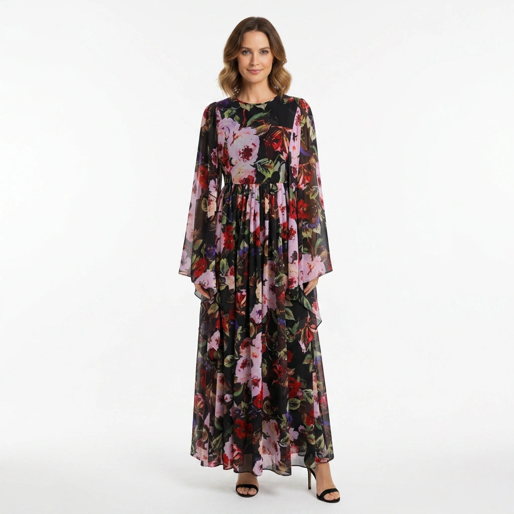 Black Floral Chiffon Maxi Dress with Flared Sleeves for Summer Events