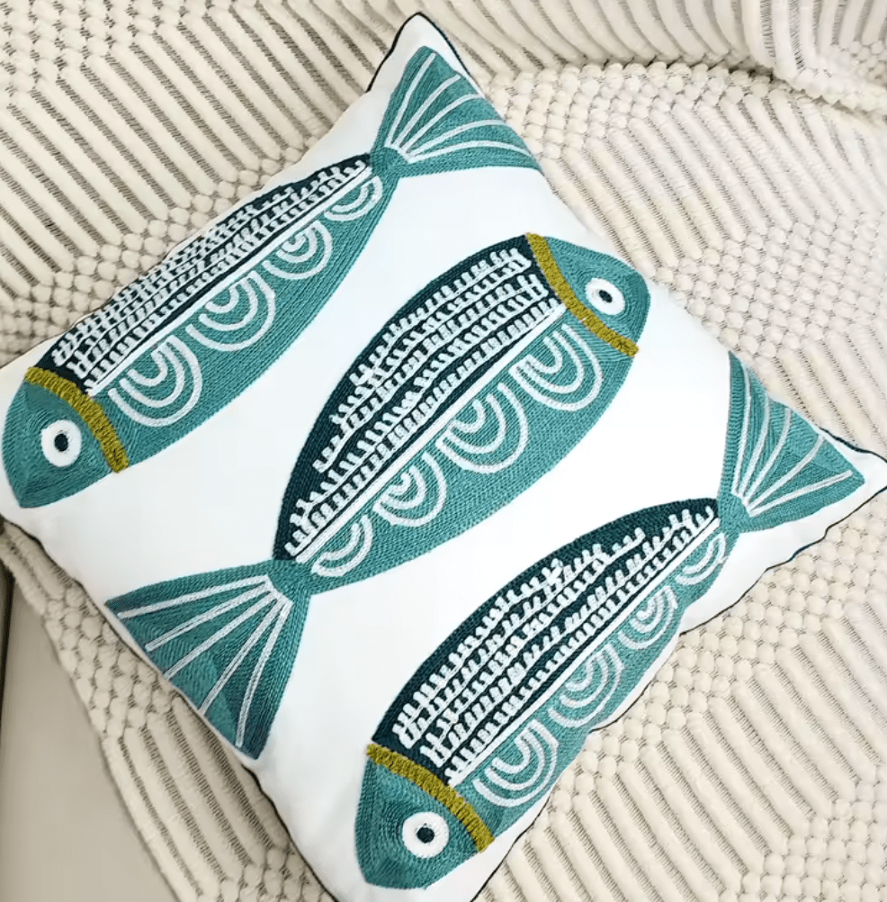 Mediterranean Fish blue embroidered cushion pillowcase - Dress By Vicky