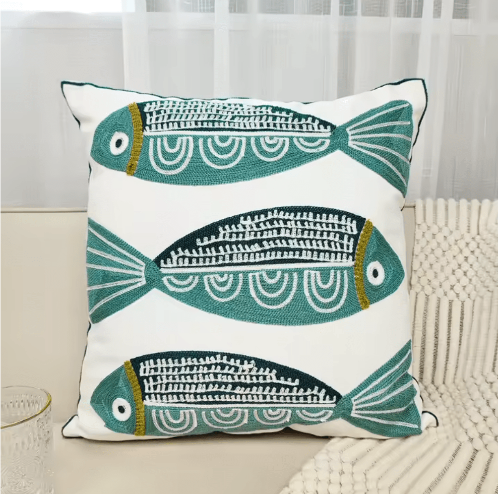 Mediterranean Fish blue embroidered cushion pillowcase - Dress By Vicky