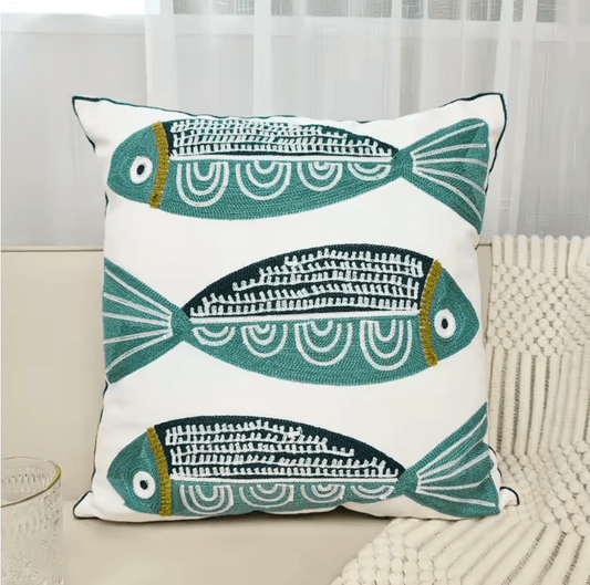 Mediterranean Fish blue embroidered cushion pillowcase - Dress By Vicky