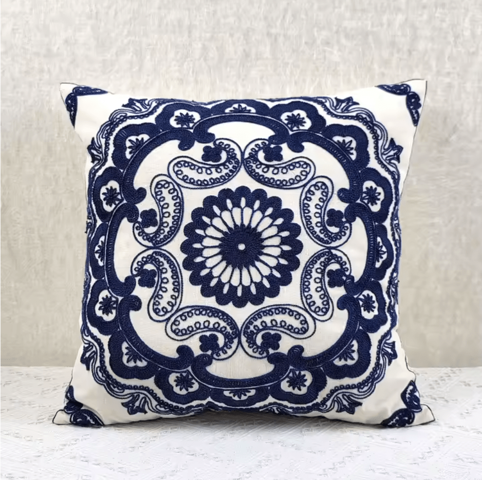 Mediterranean Mandala blue embroidered cushion pillowcase - Dress By Vicky