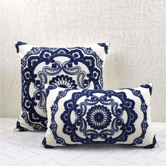 Mediterranean Mandala blue embroidered cushion pillowcase - Dress By Vicky