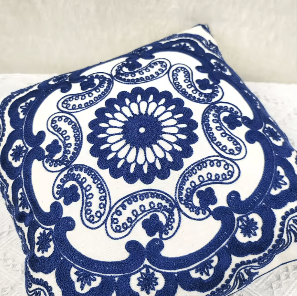 Mediterranean Mandala blue embroidered cushion pillowcase - Dress By Vicky