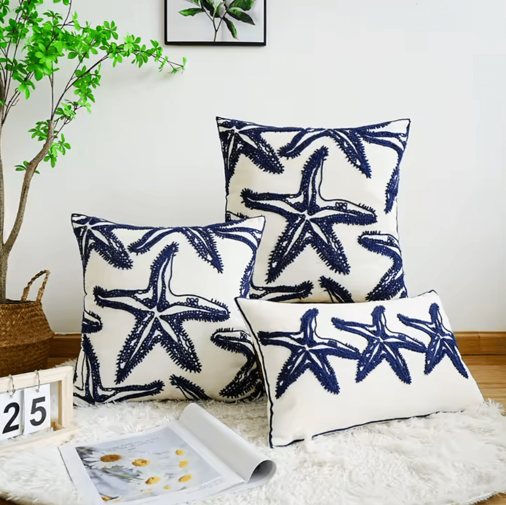 Mediterranean Starfish blue embroidered cushion pillowcase - Dress By Vicky