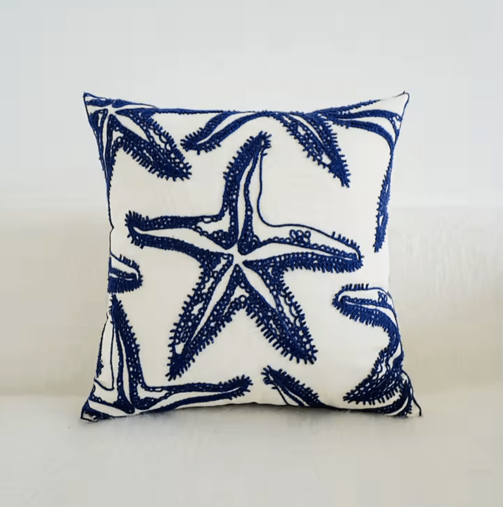 Mediterranean Starfish blue embroidered cushion pillowcase - Dress By Vicky