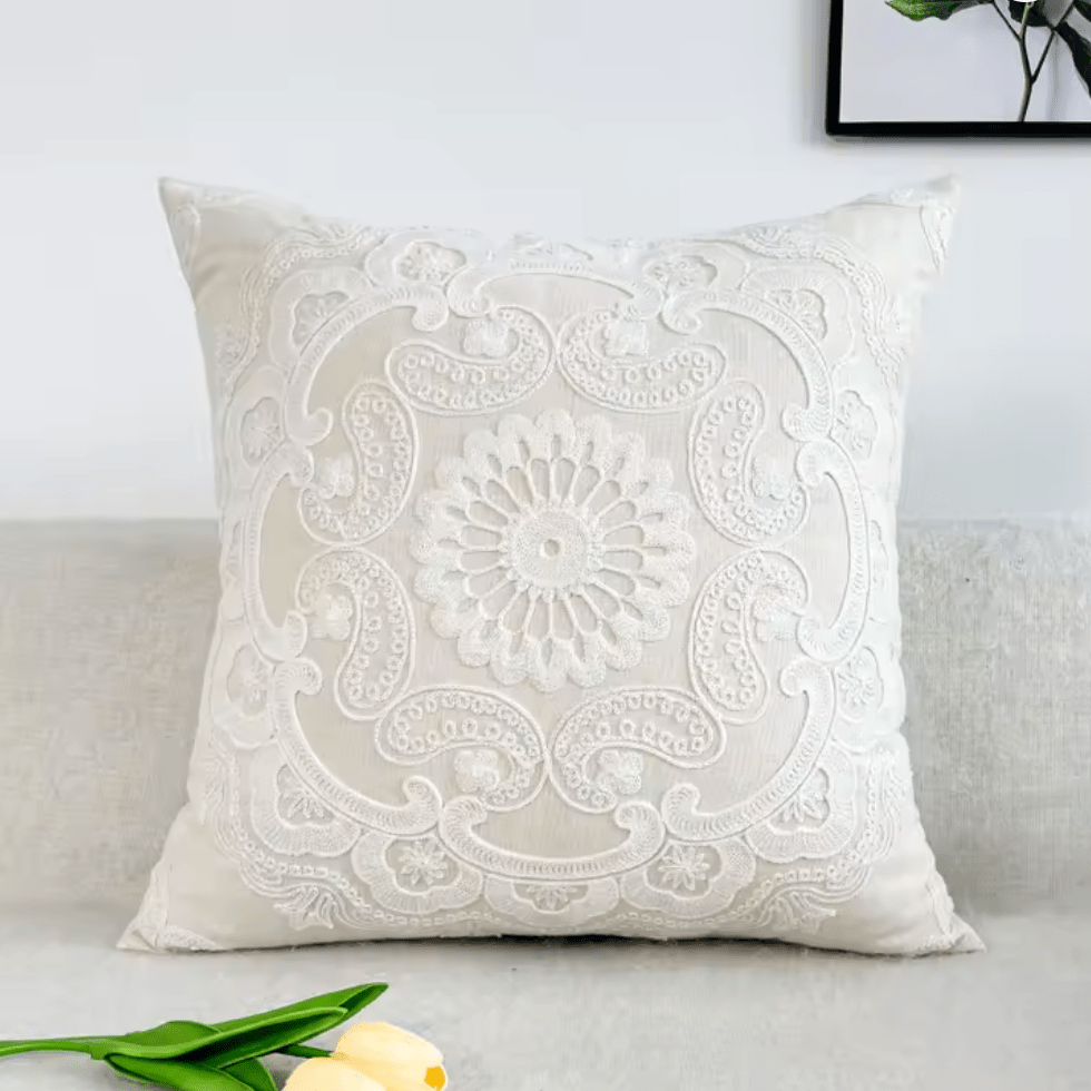 Mediterranean White Mandala embroidered cushion pillowcase - Dress By Vicky