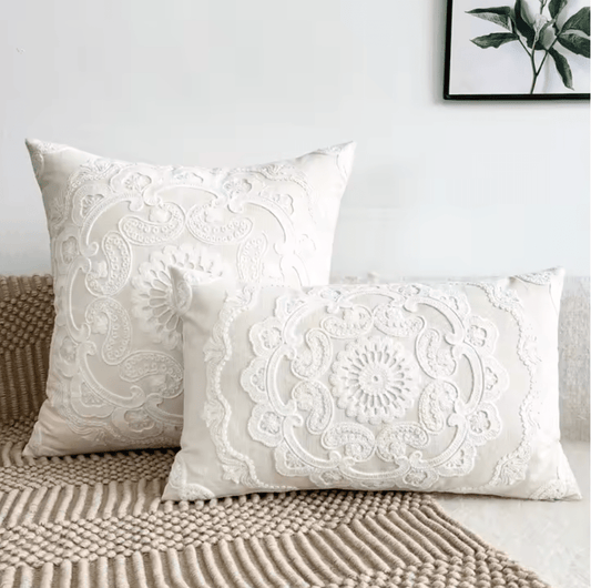 Mediterranean White Mandala embroidered cushion pillowcase - Dress By Vicky