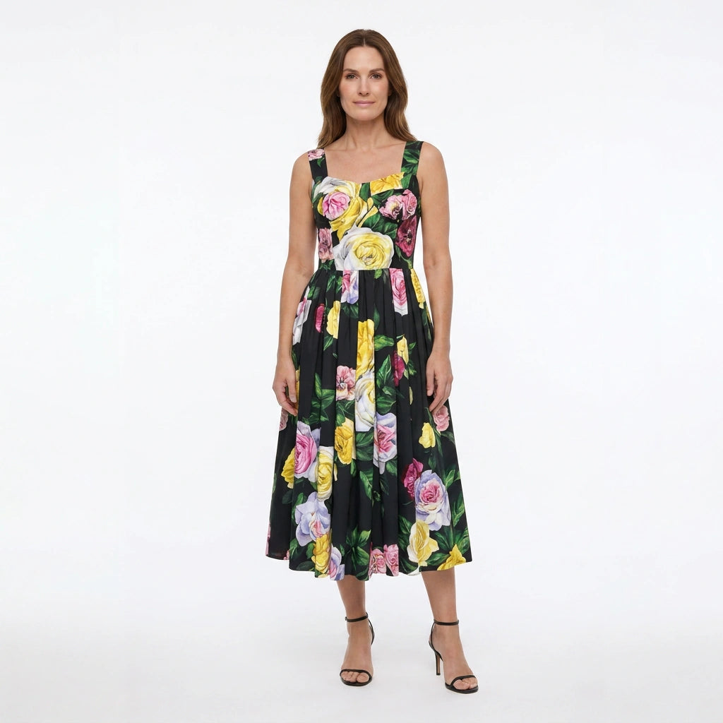 Black Rose Print Cotton Midi Dress with Padded Cups – Dress By Vicky