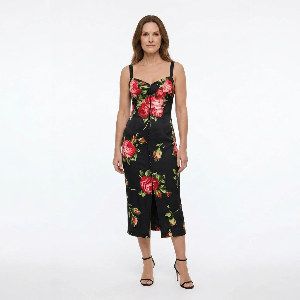 Midnight Roses Pure Silk Lingerie-Style Midi Dress