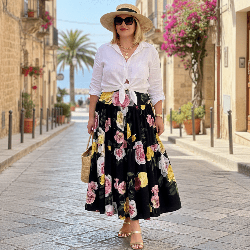 Multicolor Roses on Black floral print layered 100% cotton skirt - Dress By Vicky