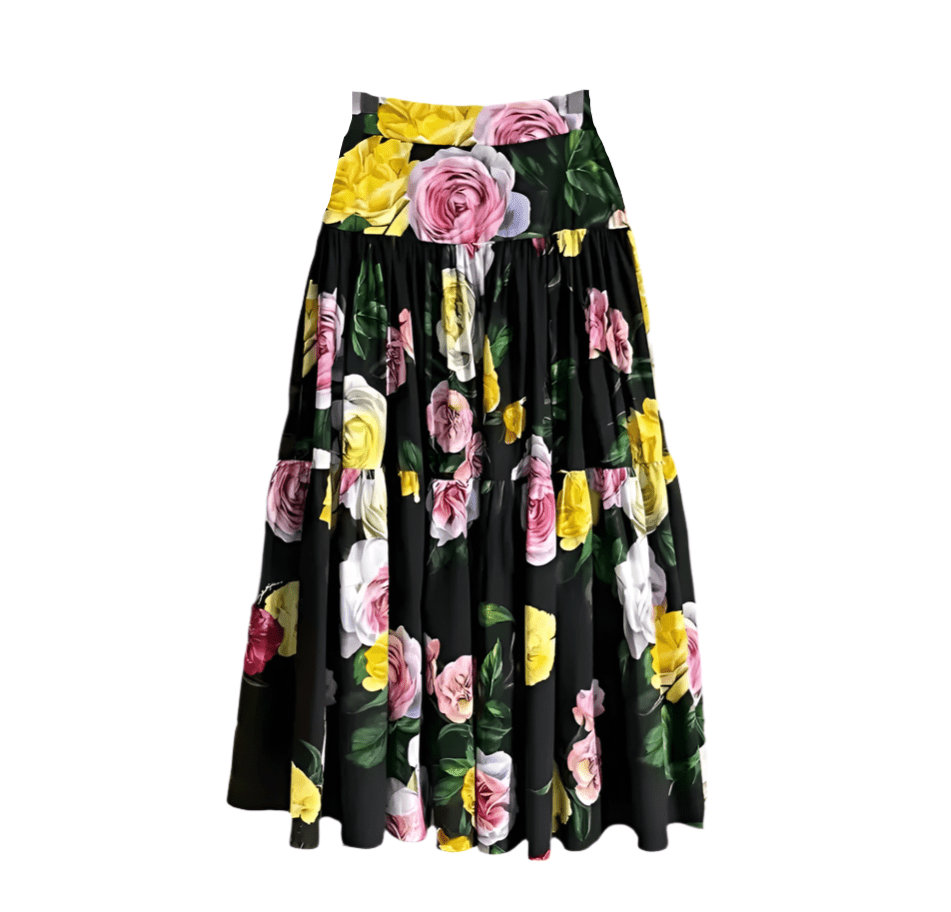 Multicolor Roses on Black floral print layered 100% cotton skirt - Dress By Vicky