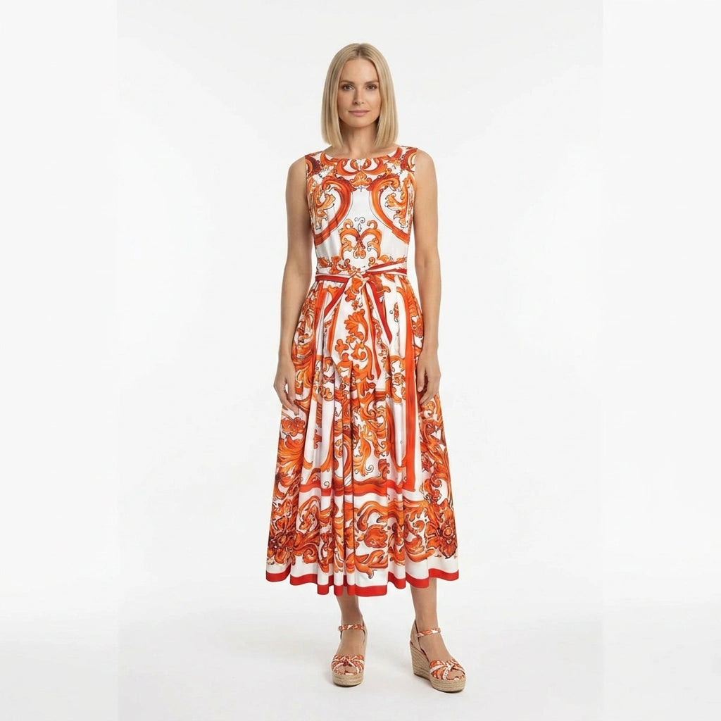 summer holiday midi dresses Beige Floral Print V Neck Tie Waist Flowy Midi Dress,Elegant Boho Summer Holiday Tea Party Outfit,Beach Vacation Holiday Dresses For Women,CasualEmery Rose