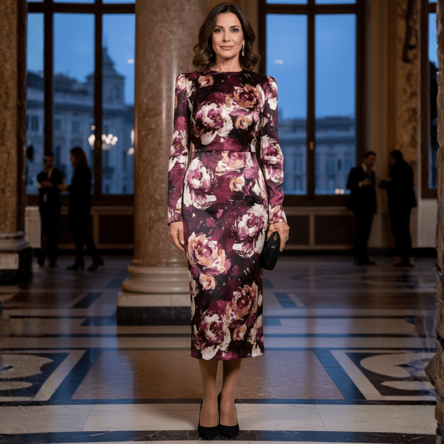 OUTLET: Burgundy Floral Print Pure Silk long sleeve dress, SIZE S - Dress By Vicky