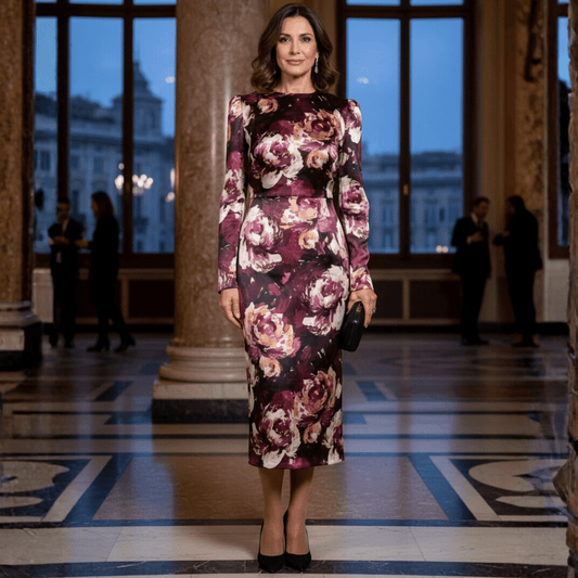 OUTLET: Burgundy Floral Print Pure Silk long sleeve dress, SIZE S - Dress By Vicky