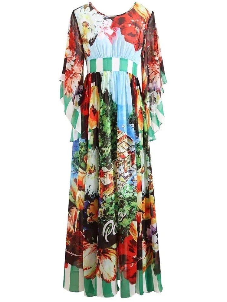OUTLET: Italian luxury chiffon fabric (Portofino print) half sleeve dress, SIZE L - Dress By Vicky