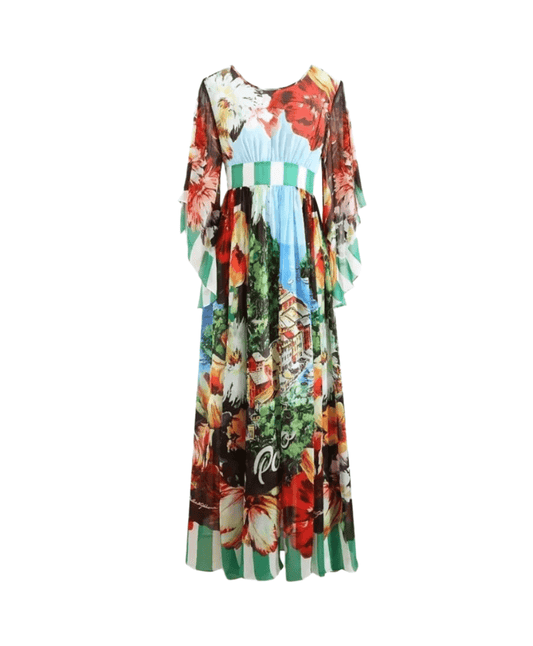 OUTLET: Italian luxury chiffon fabric (Portofino print) half sleeve dress, SIZE L - Dress By Vicky