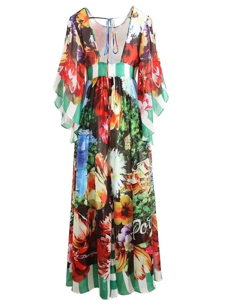 OUTLET: Italian luxury chiffon fabric (Portofino print) half sleeve dress, SIZE L - Dress By Vicky