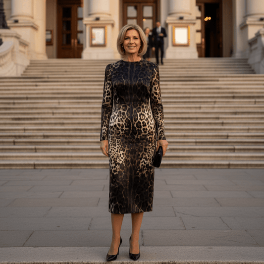 OUTLET Italian Luxury Pure Silk Leo print long sleeve midi dress, SIZE M - Dress By Vicky