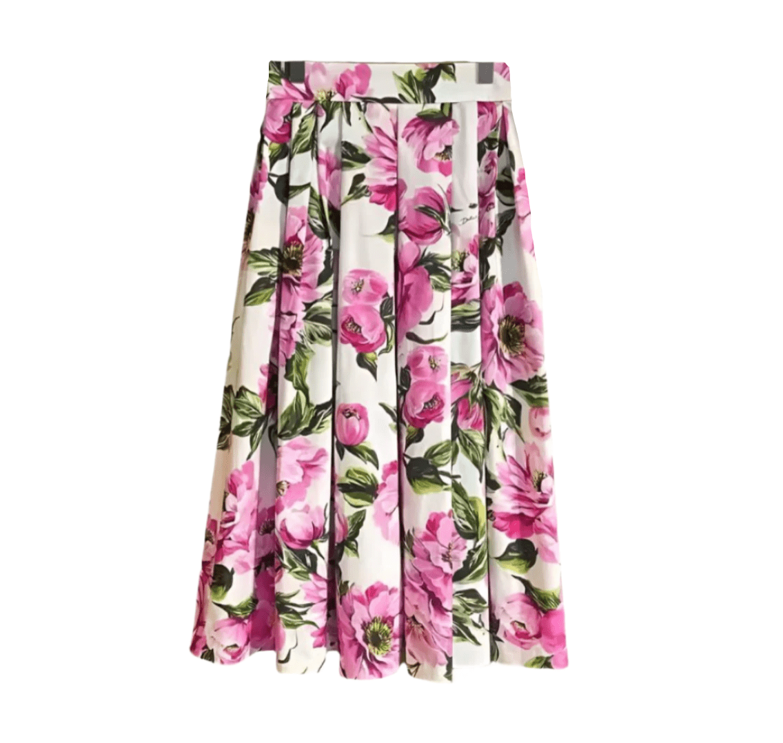 Pink Roses print pleated midi cotton skirt - Dress By Vicky