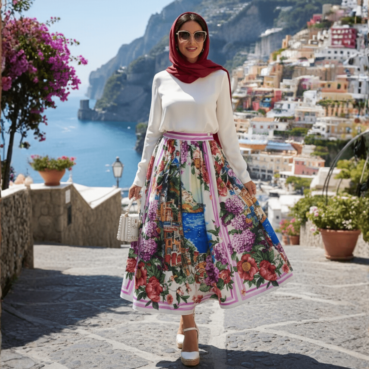 Positano landscape floral print 100% cotton midi pleated skirt - Dress By Vicky