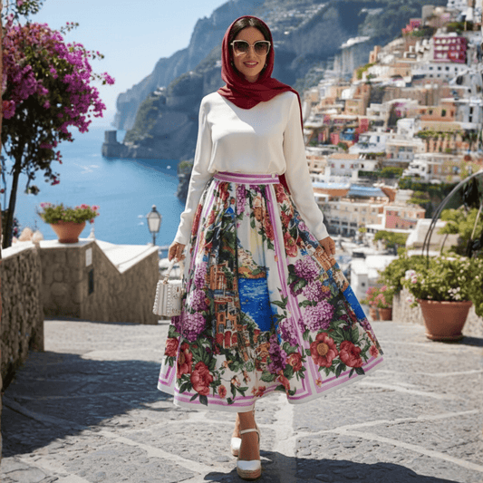 Positano landscape floral print 100% cotton midi pleated skirt - Dress By Vicky