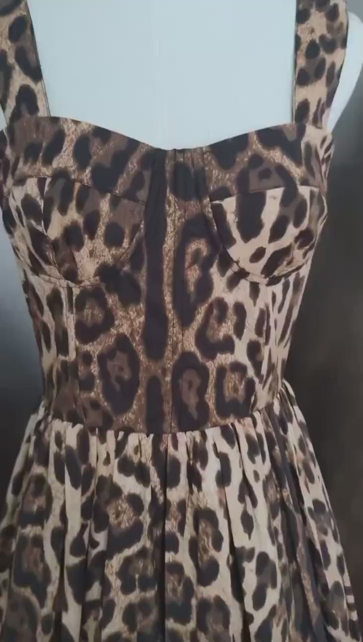 SUMMER 2025 Handmade Italian designer Gray Leopard print push up cotton dress, Sicily dress, Dolce vita dress, Italian summer dress