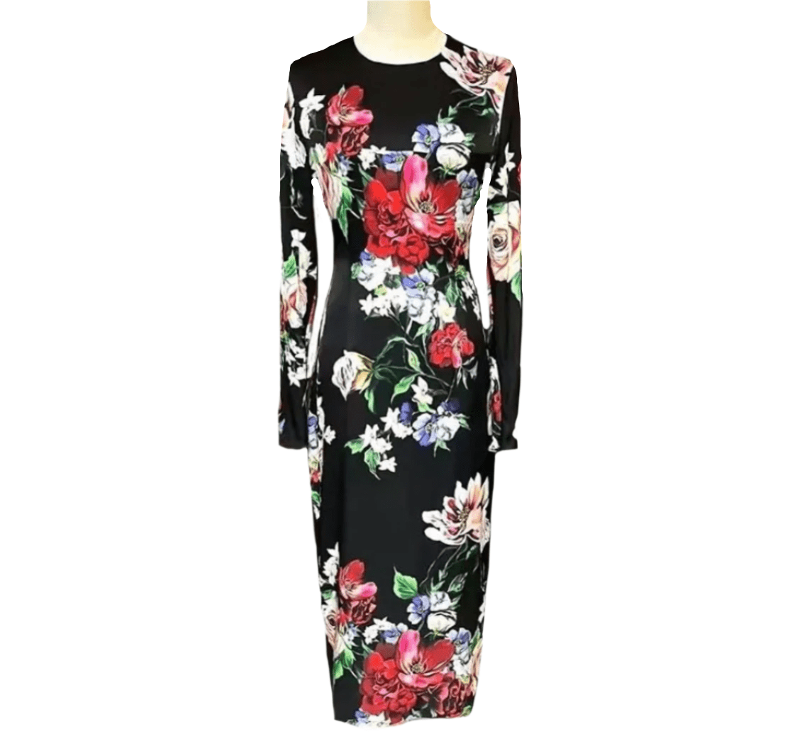Pure Silk long sleeve Flowers on Black print midi cocktail dress - Dress By Vicky