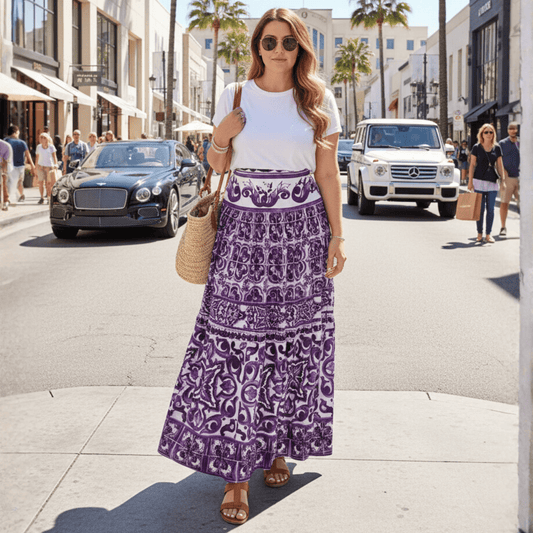 Purple Majolica Porcelain Cotton Maxi Skirt | Italian Riviera Style - Dress By Vicky
