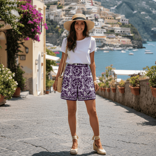 Purple Majolica Porcelain print 100% cotton shorts - Dress By Vicky