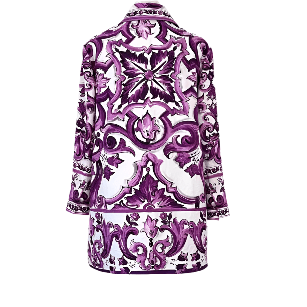 Purple Majolica print brocade long jacket, overcoat - Dress By Vicky