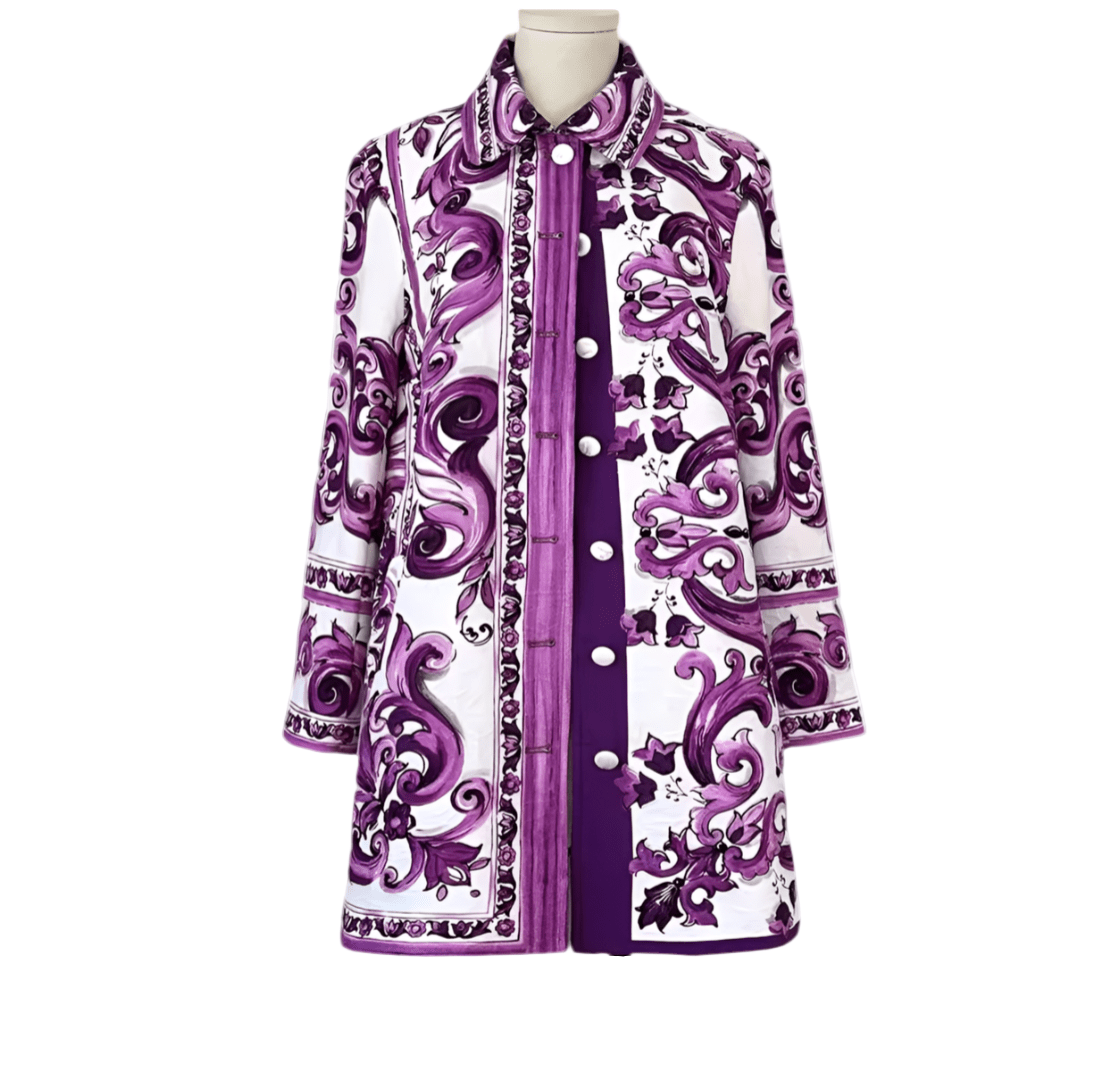 Purple Majolica print brocade long jacket, overcoat - Dress By Vicky