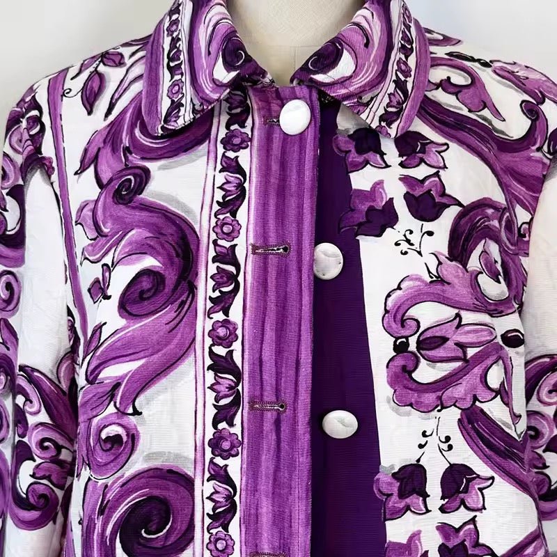 Purple Majolica print brocade long jacket, overcoat - Dress By Vicky