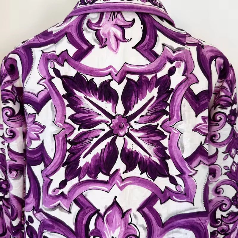 Purple Majolica print brocade long jacket, overcoat - Dress By Vicky
