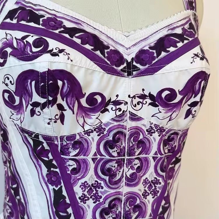 Italian Purple Majolica print 100% cotton dress - Dress By Vicky