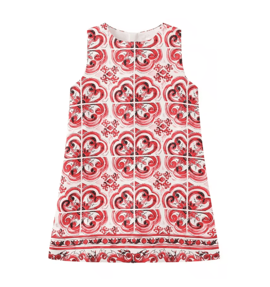 Red majolica luxury brocade kids a - line dress - Dress By Vicky